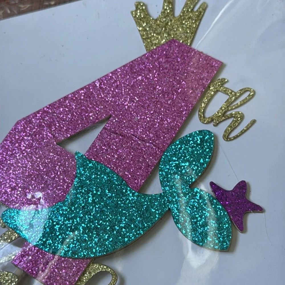 NWT Mermaid 4th Birthday Cake Topper, Glitter Under The Sea Cake Decoration